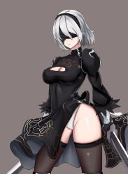 Rule 34 | 1girl, bad id, bad pixiv id, black dress, black gloves, black thighhighs, blindfold, bow, breasts, cleavage, cleavage cutout, clothing cutout, covered erect nipples, cowboy shot, dress, dual wielding, gloves, gongba laoge, holding, long sleeves, medium breasts, mole, mole under mouth, nier (series), nier:automata, panties, pantyshot, parted lips, puffy long sleeves, puffy sleeves, short hair, side slit, silver hair, skindentation, solo, standing, sword, thighhighs, underwear, weapon, white panties, 2b (nier:automata)
