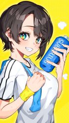 Rule 34 | 1girl, alternate costume, aqua eyes, bottle, breasts, brown hair, collarbone, dithered background, from side, grin, highres, hololive, looking at viewer, medium breasts, oozora subaru, r h 0502, shirt, short hair, short sleeves, simple background, smile, sportswear, swept bangs, towel, upper body, virtual youtuber, water bottle, white shirt, wristband, yellow background, yellow wristband