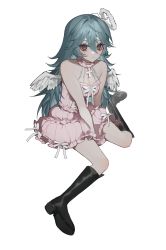 Rule 34 | 1girl, absurdres, angel, angel wings, arm between legs, bamme o3o, bare shoulders, black footwear, blush, boots, choker, closed mouth, cross, dress, eyelashes, fake halo, feathered wings, frilled choker, frilled dress, frills, frown, gem, grey background, grey eyes, hair between eyes, halo, highres, long eyelashes, long hair, looking at viewer, mini wings, off-shoulder dress, off shoulder, original, pearl (gemstone), pink choker, pink dress, ribbon, simple background, sitting, solo, tearing up, wariza, white choker, white ribbon, wings