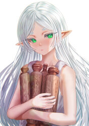 Rule 34 | 1girl, colored eyelashes, dress, elf, frieren, green eyes, highres, holding, holding scroll, kein hasegawa, looking at viewer, pointy ears, scroll, sousou no frieren, white background, white dress, white hair