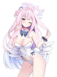 Rule 34 | 1girl, alternate costume, blue archive, breasts, cleavage, commentary request, cowboy shot, detached collar, fake tail, feathered wings, hair bun, halo, highres, leotard, long hair, looking at viewer, medium breasts, mika (blue archive), nannung, one eye closed, open mouth, pink hair, pink halo, playing with own hair, rabbit tail, scrunchie, simple background, single side bun, solo, tail, white background, white leotard, white wings, wings, wrist scrunchie, yellow eyes