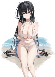 Rule 34 | 1girl, absurdres, azur lane, beach, bikini, black hair, blush, breasts, cleavage, closed mouth, collarbone, commentary, crossed bangs, english commentary, expressionless, feet out of frame, gluteal fold, hair between eyes, highres, large breasts, long hair, looking at viewer, mixed-language commentary, navel, official alternate costume, paid reward available, red eyes, ref (pmxt4483), side-tie bikini bottom, side ponytail, sitting, solo, stomach, string bikini, swimsuit, taihou (azur lane), taihou (seaside daydreams) (azur lane), thigh gap, white bikini