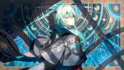 1boy anaxa_(honkai:_star_rail) black_cape black_jacket blue_hair cape chain collared_jacket commentary_request constellation crescent crossed_bangs eyepatch gold_chain gold_trim hair_between_eyes hair_intakes hair_over_shoulder highres honkai:_star_rail honkai_(series) jacket long_hair looking_at_viewer looking_to_the_side low_ponytail male_focus one_eye_covered parted_lips ponytail purple_eyes shadow solo star_(symbol) ugonba_(howatoro) upper_body