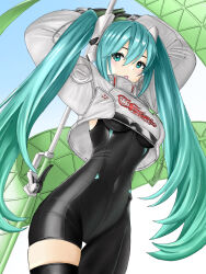 Rule 34 | 1girl, :o, aqua eyes, arms up, artist request, asymmetrical legwear, blush, breasts, cowboy shot, curvy, dutch angle, feet out of frame, female focus, gloves, hatsune miku, highres, jacket, large breasts, looking down, racing miku, solo, thigh gap, thighs, twintails, underboob, vocaloid