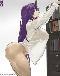 1girl artist_name ass bookshelf bottomless breasts commentary covered_erect_nipples horns howxen large_breasts long_hair parted_lips patreon_username purple_eyes purple_hair shion_(tensei_shitara_slime_datta_ken) shirt solo standing tensei_shitara_slime_datta_ken white_shirt