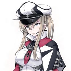 Rule 34 | 1girl, anchor, blonde hair, breasts, capelet, celtic knot, cross, graf zeppelin (kancolle), grey eyes, hair between eyes, hat, highres, iron cross, kantai collection, large breasts, long sleeves, military, military hat, military uniform, necktie, peaked cap, sidelocks, simple background, solo, tk8d32, twintails, uniform, upper body, white background, white hat