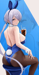Rule 34 | 1girl, animal ears, aqua eyes, ass, back, backless leotard, bare shoulders, blue leotard, breasts, brid (nikke), brown pantyhose, closed mouth, cup, drinking straw, earrings, fake animal ears, fake tail, from behind, goddess of victory: nikke, grey hair, highres, holding, holding cup, ice, ice cube, jewelry, large breasts, leotard, long hair, looking back, low ponytail, pantyhose, playboy bunny, rabbit tail, sideboob, sitting, solo, stool, tail, very long hair, wrist cuffs, yamaneko (tkdrumsco), zoom layer