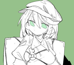 Rule 34 | 1girl, box, closed mouth, flat cap, green background, green eyes, green theme, greyscale, hair between eyes, hat, key, limited palette, looking at viewer, massakasama, monochrome, short hair, simple background, solo, touhou, upper body, yamashiro takane
