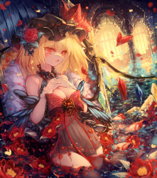 Rule 34 | 1girl, absurdres, black dress, black hat, blonde hair, bow, breast suppress, breasts, butterfly dress, cleavage, crystal wings, dress, dress bow, flandre scarlet, hat, highres, medium breasts, mob cap, open mouth, red eyes, seelehan, sleeveless, sleeveless dress, slit pupils, solo, touhou, vampire, wading