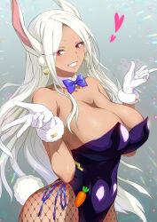 Rule 34 | 1girl, animal ears, bare shoulders, boku no hero academia, bow, bowtie, breasts, chinese zodiac, cleavage, dark-skinned female, dark skin, detached collar, double w, earrings, eyeliner, fishnet pantyhose, fishnets, gloves, grin, heart, highres, jewelry, joy ride, large breasts, leotard, long hair, looking at viewer, makeup, mirko, pantyhose, playboy bunny, rabbit ears, rabbit girl, rabbit tail, red eyes, smile, solo, tail, w, white gloves, white hair, year of the rabbit