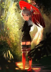 Rule 34 | 10s, 1girl, :o, amatsukaze (kancolle), ass, dress, from behind, full body, garter straps, hair tubes, hat, highres, kantai collection, long hair, long sleeves, looking at viewer, looking back, nature, no panties, outdoors, parasol, plant, red thighhighs, sailor collar, sailor dress, shosei5150, silver hair, solo, standing, sunlight, thighhighs, tree, two side up, umbrella, yellow eyes