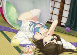 Rule 34 | 1girl, 54cr, aqua eyes, arm at side, bad id, bad pixiv id, blue bra, blue panties, bra, brown hair, curtains, door, dutch angle, fish, food, haagen-dazs, hand on own face, ice cream, indoors, japanese clothes, koi, looking at viewer, lying, moe2018, obi, on back, open clothes, open mouth, original, panties, sash, short hair, solo, tatami, thighhighs, underwear, white thighhighs, wide sleeves