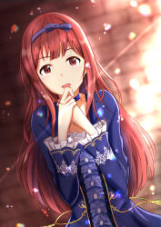 Rule 34 | 1girl, :d, blue dress, blurry, blurry background, bow, choker, dress, hair bow, highres, idolmaster, idolmaster million live!, long hair, long sleeves, looking at viewer, open mouth, print sleeves, purple bow, red eyes, red hair, smile, so korokoro, solo, sunlight, tanaka kotoha, upper body, very long hair