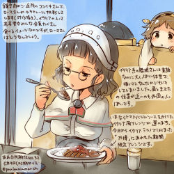 Rule 34 | 10s, 3girls, aged down, bicorne, black hair, blunt bangs, breasts, brown hair, capelet, curry, curry rice, dated, food, glass, glasses, green eyes, hat, headgear, hiei (kancolle), kantai collection, katsu (food), kirisawa juuzou, large breasts, multiple girls, numbered, pince-nez, restaurant, rice, roma (kancolle), short hair, spoon, table, twitter username, water, wavy hair