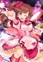 Rule 34 | 1girl, ;d, blurry, blurry background, boots, bow, breasts, broccoli, brown eyes, brown hair, cowboy shot, dress, dress bow, food, frilled dress, frills, frying pan, glint, hair bow, hair ribbon, hands up, heart, holding, holding food, idolmaster, idolmaster cinderella girls, idolmaster cinderella girls starlight stage, igarashi kyoko, index finger raised, ketchup, layered skirt, leg up, lens flare, long hair, looking at viewer, medium breasts, mistrail, necktie, omelet, omurice, one eye closed, open mouth, pink bow, plate, polka dot, polka dot ribbon, red dress, red necktie, red ribbon, ribbon, screen, scrunchie, short sleeves, side ponytail, signature, skirt, smile, solo, stage, stage lights, standing, standing on one leg, teeth, upper teeth only, white scrunchie, wrist scrunchie