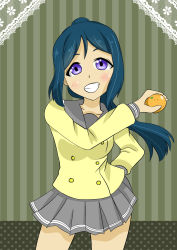 Rule 34 | 1girl, artist name, artist request, bare legs, blue hair, blush, breasts, buttons, female focus, floating hair, food, fruit, grey sailor collar, grey skirt, hair between eyes, hand on own hip, high ponytail, highres, holding, holding orange, long hair, long sleeves, looking at viewer, love live!, love live! sunshine!!, matsuura kanan, miniskirt, orange (fruit), parted lips, plaid, plaid skirt, pleated, pleated skirt, ponytail, purple eyes, sailor collar, school uniform, skirt, small breasts, smile, solo, sweater, uranohoshi school uniform, wavy hair, yellow sweater