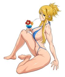 Rule 34 | 1girl, arm support, bare legs, barefoot, blonde hair, blue eyes, blue one-piece swimsuit, blurry, breasts, cleavage, covered erect nipples, criss-cross halter, curvy, drink, drinking, drinking straw, eyes visible through hair, flower, folded ponytail, food, from side, fruit, full body, hair between eyes, halterneck, hip bones, large breasts, lens flare, lilith-soft, long hair, looking at viewer, navel, nipples, o-ring, o-ring swimsuit, one-piece swimsuit, orange (fruit), orange slice, outdoors, perky breasts, ponytail, shiny skin, sidelocks, simple background, sitting, slingshot swimsuit, solo, sweat, swimsuit, taimanin (series), taimanin asagi, taimanin asagi kessen arena, touko von messerschmitt, white background, zol