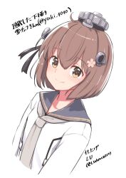 Rule 34 | 1girl, blue sailor collar, brown eyes, brown hair, closed mouth, dress, flower, grey neckerchief, hair between eyes, hair flower, hair ornament, highres, kantai collection, looking at viewer, ludens (inonaka koubou), neckerchief, pink flower, sailor collar, sailor dress, short hair, simple background, smile, solo, twitter username, upper body, white background, white dress, yukikaze (kancolle), yukikaze kai ni (kancolle)