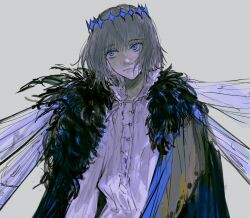 Rule 34 | 1boy, arthropod boy, blue eyes, cape, cloak, crown, diamond hairband, dragonfly wings, fate/grand order, fate (series), fur-trimmed cape, fur-trimmed cloak, fur trim, grey background, grey hair, hapenka, highres, insect wings, long sleeves, looking afar, male focus, medium hair, oberon (fate), oberon (third ascension) (fate), official alternate hair color, shirt, simple background, solo, white shirt, wing cape, wings