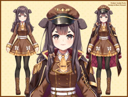 Rule 34 | animal ears, artist name, black legwear, boots, brown eyes, brown footwear, brown hair, brown headwear, brown jacket, character name, character sheet, collared shirt, commentary, dog ears, dog girl, english commentary, hat, highres, inukai purin, jacket, jacket on shoulders, looking at viewer, military, military hat, military uniform, necktie, official art, pantyhose, rosuuri, shirt, short necktie, smile, suit jacket, tsunderia, uniform, virtual youtuber, white shirt, yellow neckwear