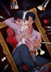 Rule 34 | 2boys, arm up, black hair, black pants, black sclera, bleeding, blood, character request, chen ge, colored sclera, doufujintianxianle, earclip, earrings, flower, gun, holding, holding paintbrush, jewelry, knife, long sleeves, multiple boys, my house of horrors, open mouth, paintbrush, pants, picture frame, red eyes, rose, saliva, saliva trail, shirt, shoes, sneakers, stud earrings, tongue, tongue out, veins, veiny arms, weapon, white nails, white shirt, yaoi