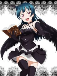 Rule 34 | 10s, 1girl, bare shoulders, black gloves, black wings, blush, book, elbow gloves, gloves, grimoire, hair bun, highres, holding, holding book, long hair, looking at viewer, love live!, love live! school idol festival, love live! school idol project, love live! sunshine!!, mell ast, official style, open mouth, purple eyes, single hair bun, skirt, smile, solo, thighhighs, tsushima yoshiko, wings, zettai ryouiki