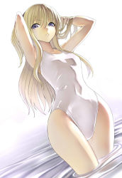 Rule 34 | 1girl, adjusting hair, armpits, arms behind head, arms up, blonde hair, blue eyes, dutch angle, tucking hair, hakaba (dairiseki), long hair, looking at viewer, one-piece swimsuit, parted lips, quiz magic academy, shalon, shiny clothes, simple background, soaking feet, solo, standing, swimsuit, wading, water, white one-piece swimsuit, white theme, wide hips