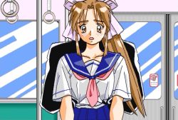 Rule 34 | 1990s (style), 1girl, animated, animated gif, assisted exposure, bishojo janshi pretty sailor 2, blush, bouncing breasts, bra, breasts, brown hair, chikan, cleavage, clothes lift, covered erect nipples, game, game sprite, lingerie, long hair, molestation, retro artstyle, school uniform, serafuku, shirt lift, striped bra, striped clothes, tears, underwear, undressing, upper body