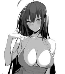 Rule 34 | 1girl, :p, ahoge, azur lane, blush, breasts, cleavage, collarbone, dress, greyscale, hair between eyes, hand up, hiiragi yuuichi, large breasts, long hair, looking at viewer, monochrome, official alternate costume, sidelocks, simple background, solo, taihou (azur lane), taihou (forbidden feast) (azur lane), tongue, tongue out, tsurime