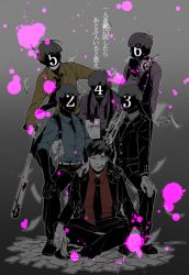 Rule 34 | 10s, 6+boys, 720 72, baseball bat, blood, blood splatter, brothers, brown hair, cellphone, computer, faceless, faceless male, formal, grey background, grin, indian style, laptop, male focus, matsuno choromatsu, matsuno ichimatsu, matsuno jyushimatsu, matsuno karamatsu, matsuno osomatsu, matsuno todomatsu, multiple boys, osomatsu-kun, osomatsu-san, phone, pink blood, sextuplets, siblings, silhouette, simple background, sitting, smartphone, smile, suit, swept bangs, text focus, translation request, vest