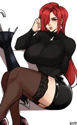 Rule 34 | 1girl, absurdres, alecto (artist), alecto 0, breasts, curvy, earrings, hair over one eye, high heels, highres, jewelry, large breasts, long hair, necklace, parasoul (skullgirls), red eyes, red hair, shoes, simple background, sitting, skullgirls, solo, thighhighs, thighs, umbrella, white background