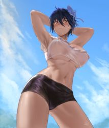 Rule 34 | 1girl, alternate breast size, arms behind head, backlighting, blue hair, blush, bow, breasts, cloud, cloudy sky, commission, contrapposto, crop top, from below, gluteal fold, hair bow, hair ornament, hair ribbon, hand on own head, highres, hunyan, large breasts, looking at viewer, midriff, navel, nisekoi, outdoors, red eyes, ribbon, see-through, short hair, short shorts, shorts, sky, solo, standing, toned, tsugumi seishirou, underboob