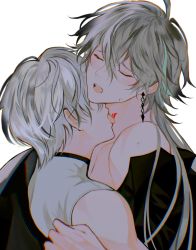 Rule 34 | 0nashiro, 2boys, biting, blood, blush, earrings, closed eyes, grey hair, highres, honkai (series), honkai impact 3rd, jewelry, kevin kaslana, licking, licking another&#039;s neck, long hair, moaning, multiple boys, open mouth, piercing, shirt, short hair, sleeveless, sleeveless shirt, su (honkai impact), tongue, tongue out, white background, white hair, yaoi