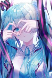 Rule 34 | 1girl, aqua eyes, aqua nails, aqua necktie, blurry, breasts, depth of field, eyelashes, h4m (nacho0101), hair ornament, hair ribbon, hatsune miku, heart, heart hands, highres, light smile, long hair, looking at viewer, nail polish, necktie, one eye covered, parted lips, ribbon, solo, twintails, upper body, very long hair, vocaloid, white background