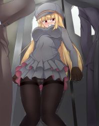 Rule 34 | 1girl, black gloves, black pantyhose, blonde hair, blunt bangs, blush, breasts, cabbie hat, cameltoe, clenched teeth, covered navel, dress, embarrassed, frilled dress, frills, from below, gloves, gluteal fold, grey dress, grey headwear, hat, have to pee, highres, indoors, jpeg artifacts, knees together feet apart, large breasts, long hair, long sleeves, nose blush, original, panties, panties under pantyhose, pantyhose, parted lips, red eyes, short dress, solo focus, standing, sweat, teeth, thigh gap, thighband pantyhose, train interior, trembling, umagoya mochi, underwear, upskirt