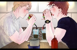 Rule 34 | 2boys, abuko85, blonde hair, blue eyes, brown hair, burger, caesar anthonio zeppeli, collared shirt, cup, drinking glass, drinking straw, eating, facial mark, food, food on face, jojo no kimyou na bouken, joseph joestar, joseph joestar (young), ketchup, letterboxed, male focus, milkshake, multiple boys, open mouth, shirt, striped clothes, striped shirt, t-shirt, text focus, translation request, watch, wristwatch