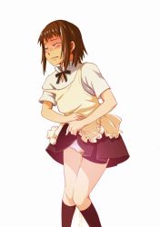 Rule 34 | 1girl, apron, black ribbon, black skirt, black socks, blush, breasts, brown hair, cameltoe, clenched teeth, closed eyes, clothes lift, crying, embarrassed, female focus, have to pee, kneehighs, knees together feet apart, lifting own clothes, lunalu9, miniskirt, neck ribbon, nose blush, off shoulder, panties, parted lips, peeing, peeing self, pleated skirt, ribbon, shirt, short hair, short sleeves, simple background, skirt, skirt lift, small breasts, socks, solo, strap slip, takanashi nazuna, tears, teeth, underwear, wet, wet clothes, wet panties, white background, white panties, white shirt, working!!