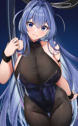 Rule 34 | 1girl, :3, absurdres, animal ears, azur lane, bare shoulders, black pantyhose, blue background, blue eyes, blue hair, blue leotard, breasts, cleavage, closed mouth, cowboy shot, cromwellb, fake animal ears, hair between eyes, hair intakes, highres, large breasts, leotard, light smile, long hair, looking at viewer, new jersey (azur lane), new jersey (exhilarating steps!) (azur lane), official alternate costume, pantyhose, playboy bunny, pole, rabbit ears, see-through, see-through cleavage, simple background, solo, stripper pole, thigh gap, very long hair, wrist cuffs