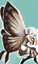 Rule 34 | 1girl, aerie (bravely default), black eyes, bravely default: flying fairy, bravely default (series), butterfly wings, fairy, female focus, grin, highres, insect wings, kogemeshi, long hair, mini person, minigirl, pointy ears, smile, solo, white hair, wings