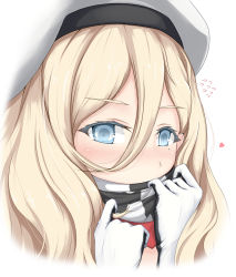 Rule 34 | 1girl, beret, blonde hair, blue eyes, close-up, commentary request, covering own mouth, flying sweatdrops, gloves, hair between eyes, hat, heart, highres, kantai collection, long hair, mole, mole under eye, multicolored clothes, multicolored gloves, multicolored scarf, richelieu (kancolle), scarf, simple background, solo, upper body, white background, white gloves, white hat, yakuto007