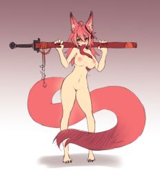Rule 34 | 1girl, animal ear fluff, animal ears, black nails, blush, breasts, contrapposto, fingernails, fox ears, fox tail, full body, gradient background, grey background, hair between eyes, hands up, highres, holding, holding sword, holding weapon, large breasts, long tail, long tongue, momo (sub-res), nail polish, navel, nipples, nude, original, pink hair, saliva, scabbard, sharp fingernails, sharp toenails, sheath, sheathed, solo, standing, sub-res, sword, tail, toenails, tongue, very long tongue, weapon