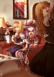 Rule 34 | 3girls, alice margatroid, black legwear, blonde hair, blue eyes, book, bow, brown eyes, couch, crescent, cup, dress, floating, food, hair bow, hairband, hat, ibuki notsu, indoors, kirisame marisa, lamp, light smile, long hair, mirror, mob cap, multiple girls, no headwear, one eye closed, open mouth, pantyhose, patchouli knowledge, purple eyes, purple hair, red upholstery, shanghai doll, short hair, sidelocks, sitting, smile, striped clothes, striped dress, table, teacup, teapot, touhou, vertical stripes, window, wink