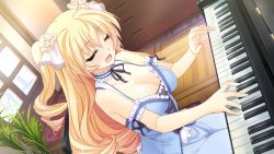 Rule 34 | 1girl, bare shoulders, blonde hair, blush, breasts, chair, cleavage, dress, drill hair, closed eyes, game cg, girls be ambitious!, hair ornament, instrument, large breasts, long hair, misasagi elena, open mouth, piano, playing, sitting, smile, solo, tongue