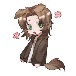 Rule 34 | 1boy, :3, animal ears, brown hair, brown jacket, chinese commentary, commentary request, dog boy, dog ears, dog tail, eyes visible through hair, green eyes, happy aura, hood, hood down, hooded jacket, jacket, kemonomimi mode, long sleeves, male focus, medium hair, open clothes, open jacket, open mouth, parted bangs, saibou shinkyoku, sanwei16909, shinano eiji, shirt, simple background, smile, solo, tail, upper body, white background, white shirt