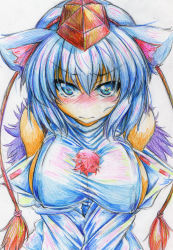 Rule 34 | 1girl, animal ears, bad id, bad pixiv id, bare shoulders, blue eyes, breasts, colored pencil (medium), covered erect nipples, detached sleeves, female focus, hat, highres, inubashiri momiji, kitazinger, large breasts, looking at viewer, no bra, short hair, silver hair, solo, tokin hat, touhou, traditional media, upper body, wolf ears