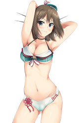 Rule 34 | 10s, 1girl, adapted costume, armpits, arms up, bare arms, bikini, blue eyes, breasts, brown hair, collarbone, cowboy shot, hat, highres, kantai collection, large breasts, maya (kancolle), maya kai ni (kancolle), mini hat, navel, nksk, pussy, short hair, simple background, solo, swimsuit