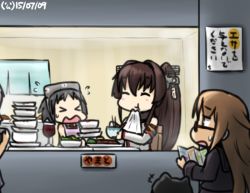Rule 34 | &gt; &lt;, +++, 10s, 3girls, aoba (kancolle), cup, dishes, drinking glass, eating, enemy aircraft (kancolle), closed eyes, flying sweatdrops, food, glasses, hamu koutarou, kantai collection, maru-yu (kancolle), mochizuki (kancolle), multiple girls, napkin, sweat, sweatdrop, wavy mouth, wine glass, yamato (kancolle)
