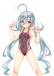 Rule 34 | 1girl, absurdres, ahoge, alternate costume, breasts, collarbone, competition swimsuit, cowboy shot, double v, grey eyes, grey hair, hair between eyes, hair bun, highres, kantai collection, kiyoshimo (kancolle), long hair, looking at viewer, low twintails, one-piece swimsuit, purple one-piece swimsuit, single hair bun, small breasts, smile, solo, swimsuit, twintails, v, very long hair, yashin (yasinz), zoom layer