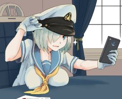 Rule 34 | 10s, 1girl, anchor symbol, arm up, blue eyes, breast rest, breasts, cellphone, chair, curtains, desk, gloves, hair over one eye, hamakaze (kancolle), hat, hayashi ekyuu, holding, holding phone, kantai collection, large breasts, neckerchief, open mouth, outstretched arm, phone, school uniform, selfie, serafuku, short hair, silver hair, sitting, smartphone, solo, sparkle, tsukune, white gloves, window, yellow neckerchief