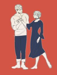 Rule 34 | 1boy, 1girl, barefoot, braid, choker, dancing, dress, dungeon meshi, elf, full body, holding hands, korean commentary, laios touden, long hair, long sleeves, looking at another, looking to the side, mabsosa6, marcille donato, monochrome, pants, pointy ears, profile, red background, shirt, short hair, standing, standing on one leg, updo